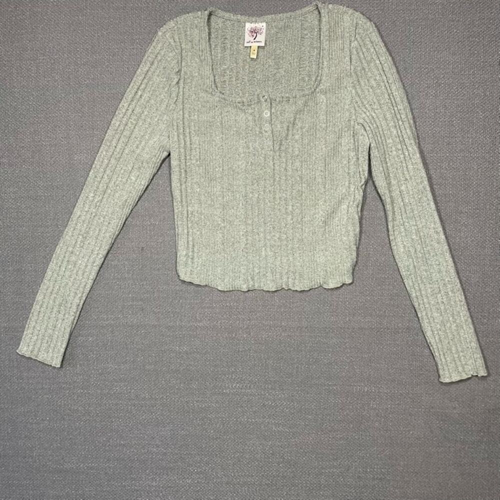 Cropped Henley Juniors Long Sleeve Green Ribbed Shirt Size M Y2K 90s